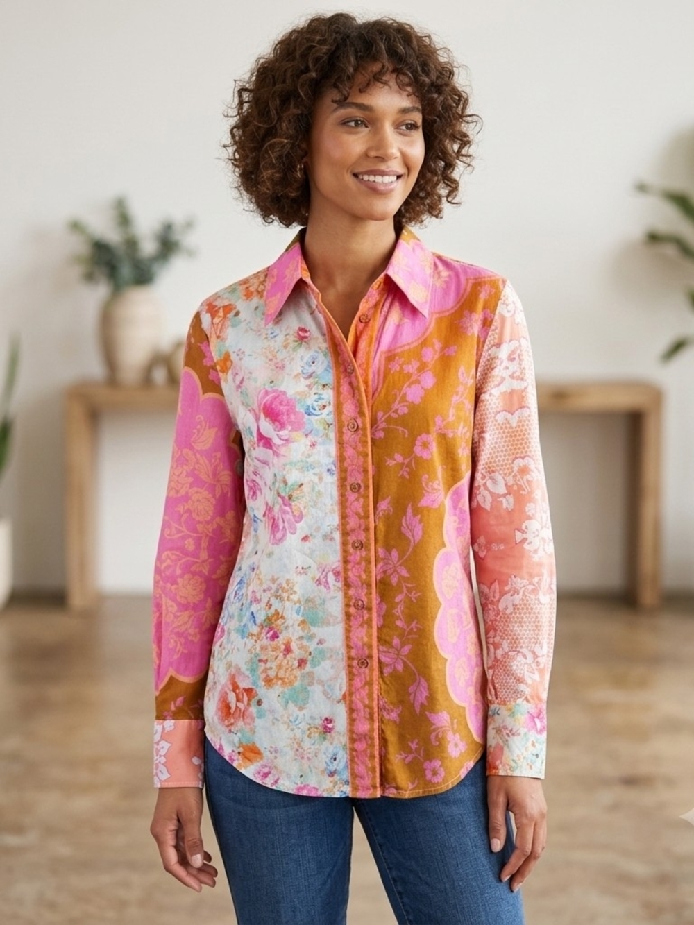 Rachel Zoe Patchwork Floral Button-Down Shirt in Pink & Orange Size Small